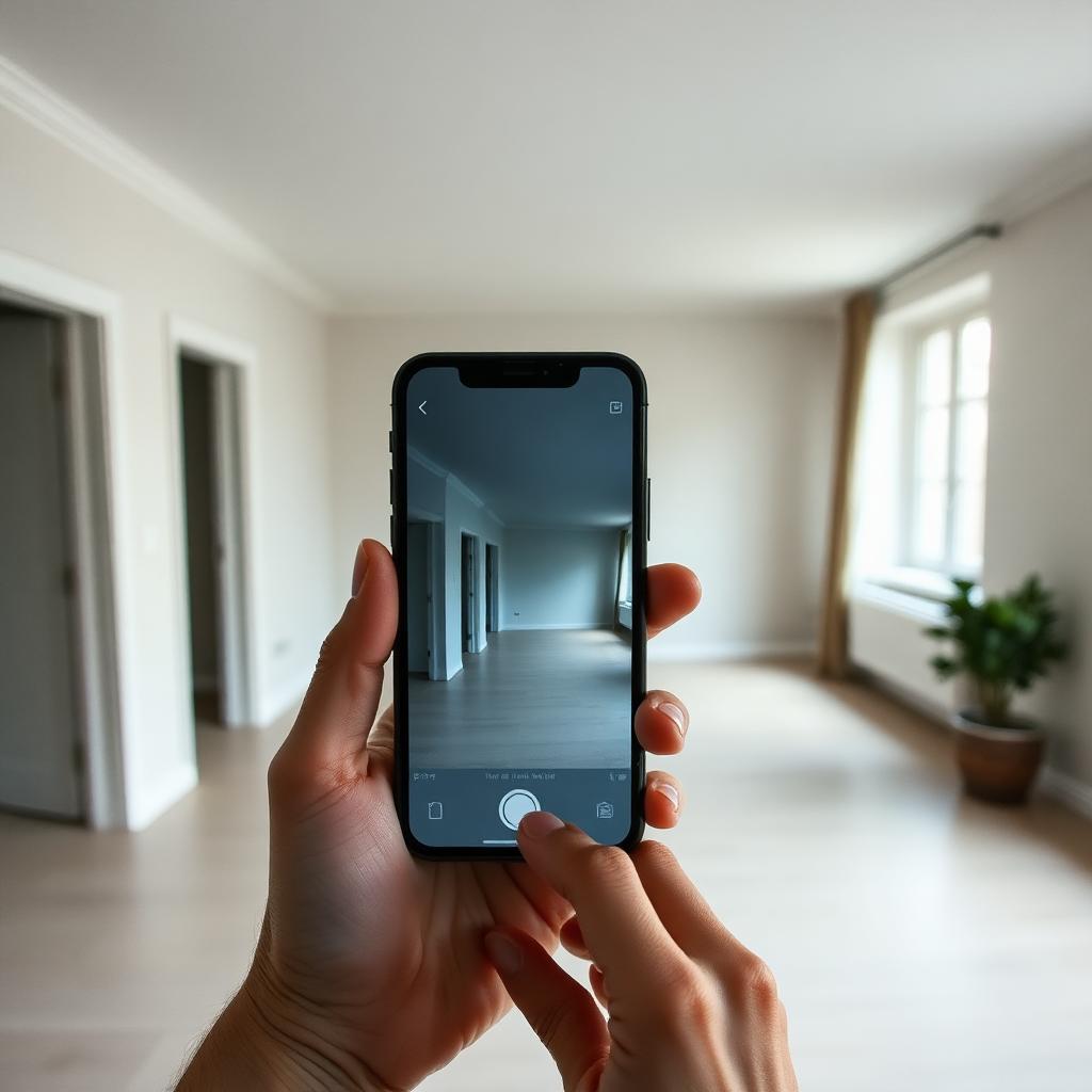 t\u00e9l\u00e9phone tenu en main dans un logement vide